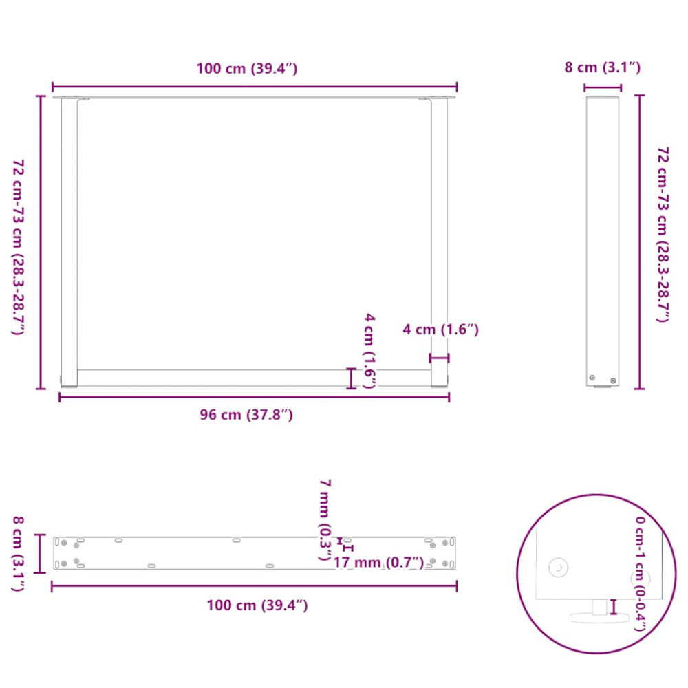 Produktbild för Matbordsben U-formade 3 st naturstål 100x(72-73) cm stål