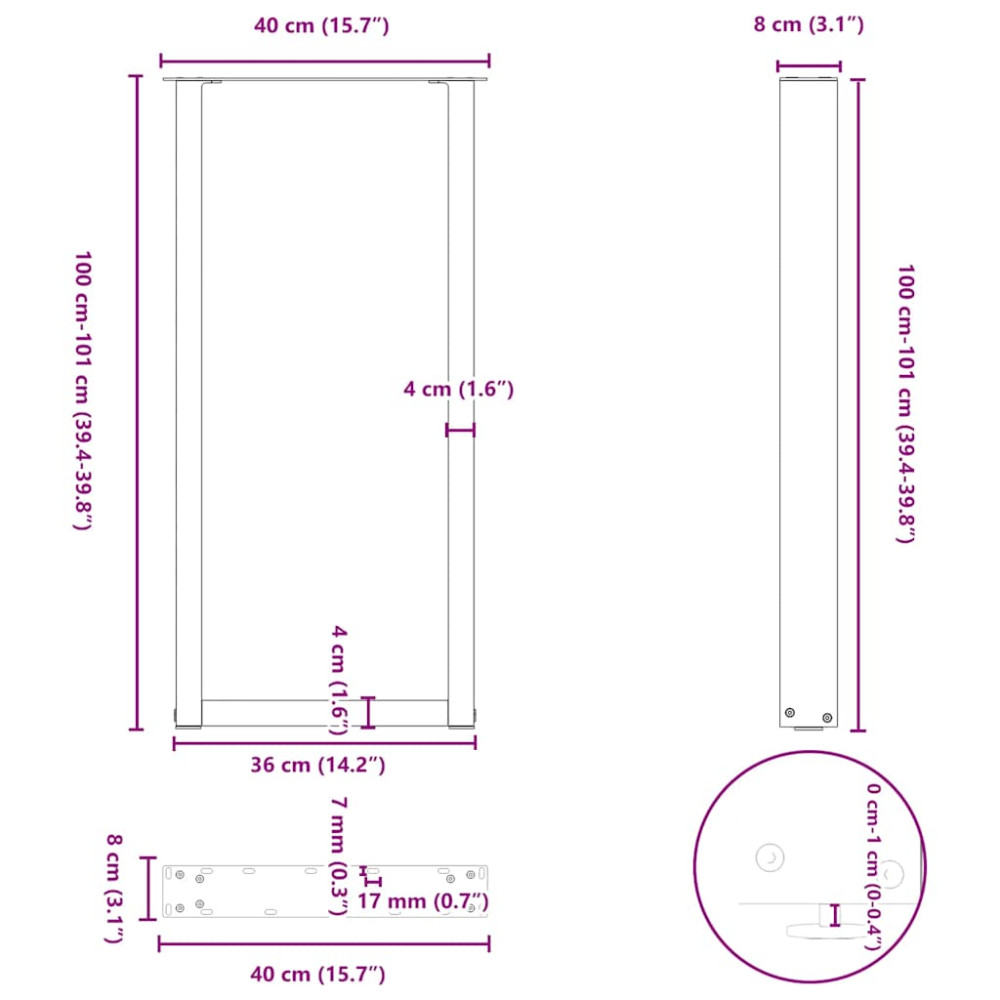 Produktbild för Barbordsben U-formade 2 st naturstål 40x(100-101) cm stål