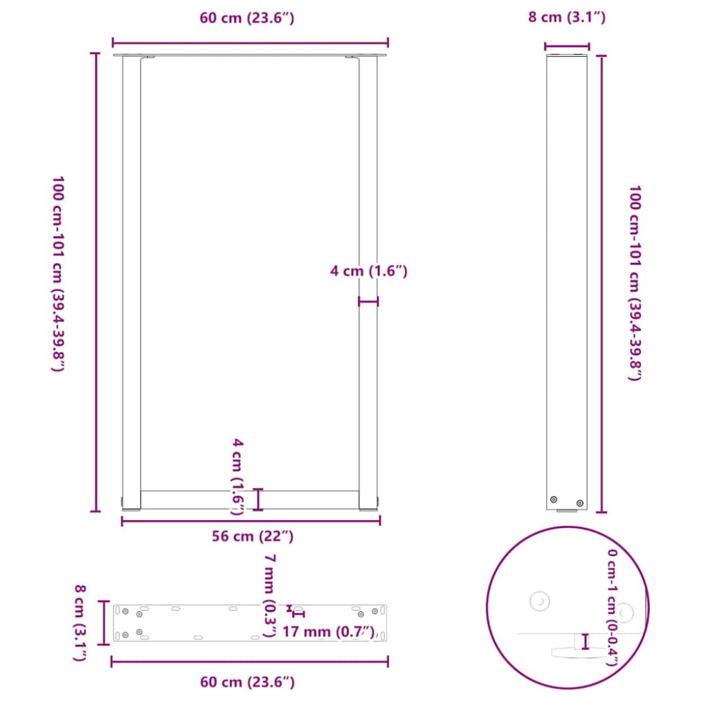 Produktbild för Barbordsben U-formade 2 st naturstål 60x(100-101) cm stål