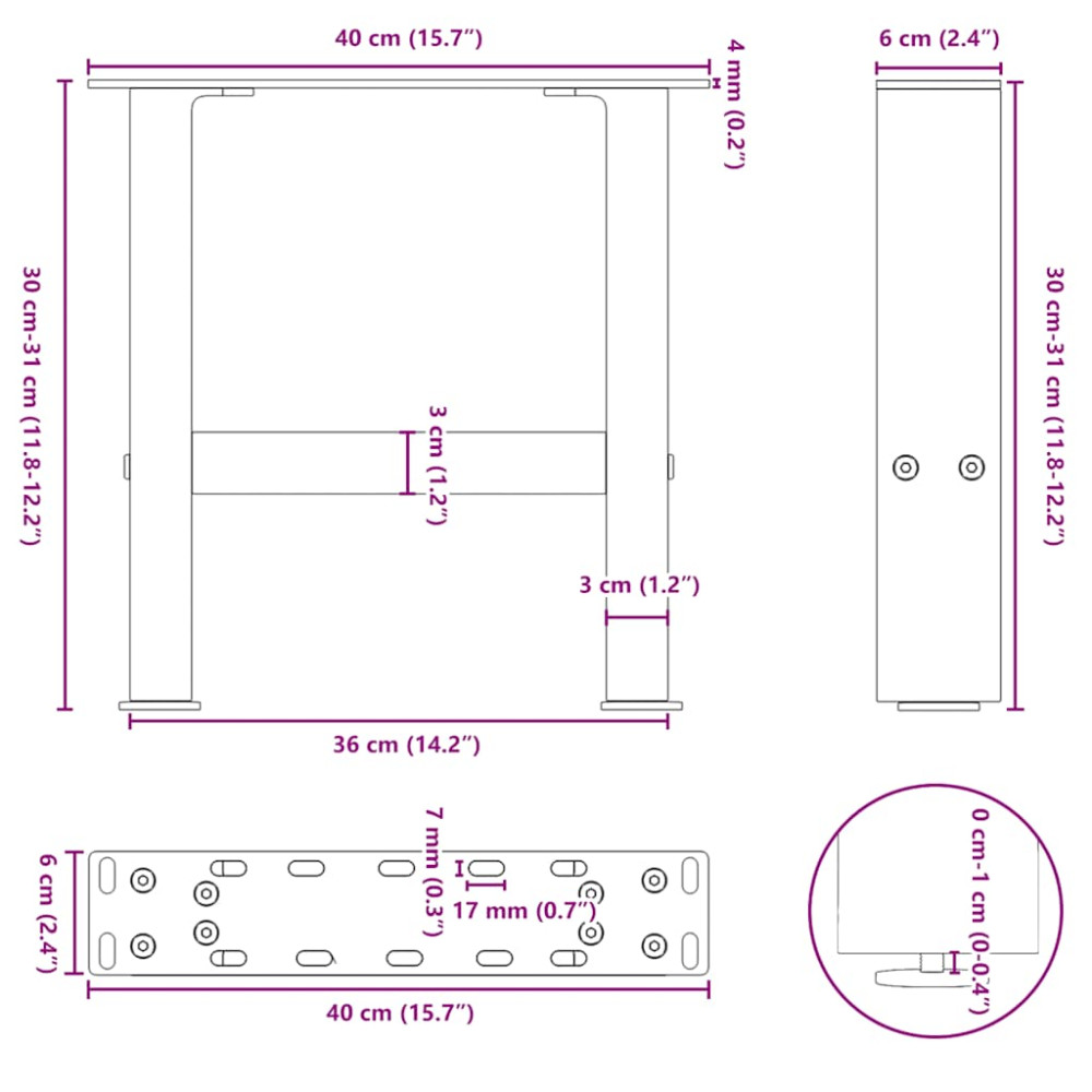 Produktbild för Soffbordsben naturstål 2 st 40x(30-31) cm stål