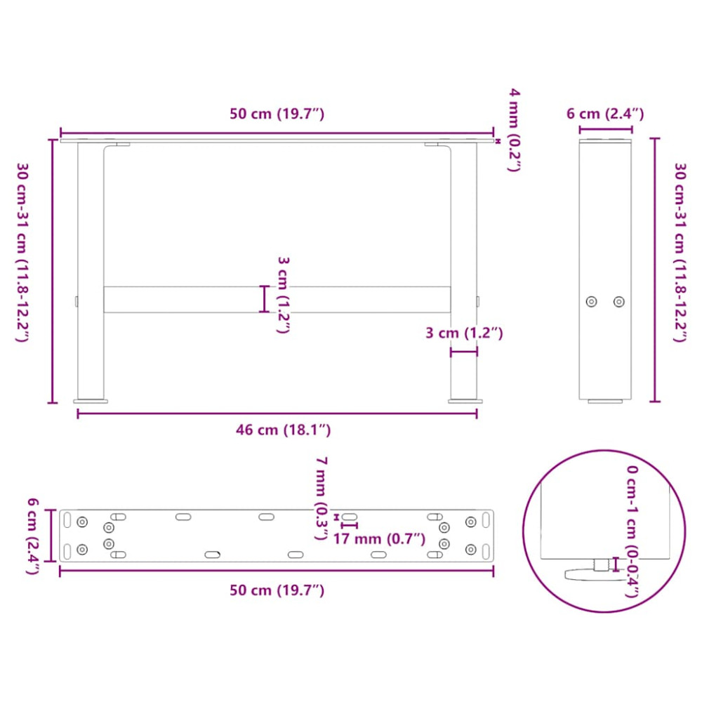 Produktbild för Soffbordsben naturstål 2 st 50x(30-31) cm stål