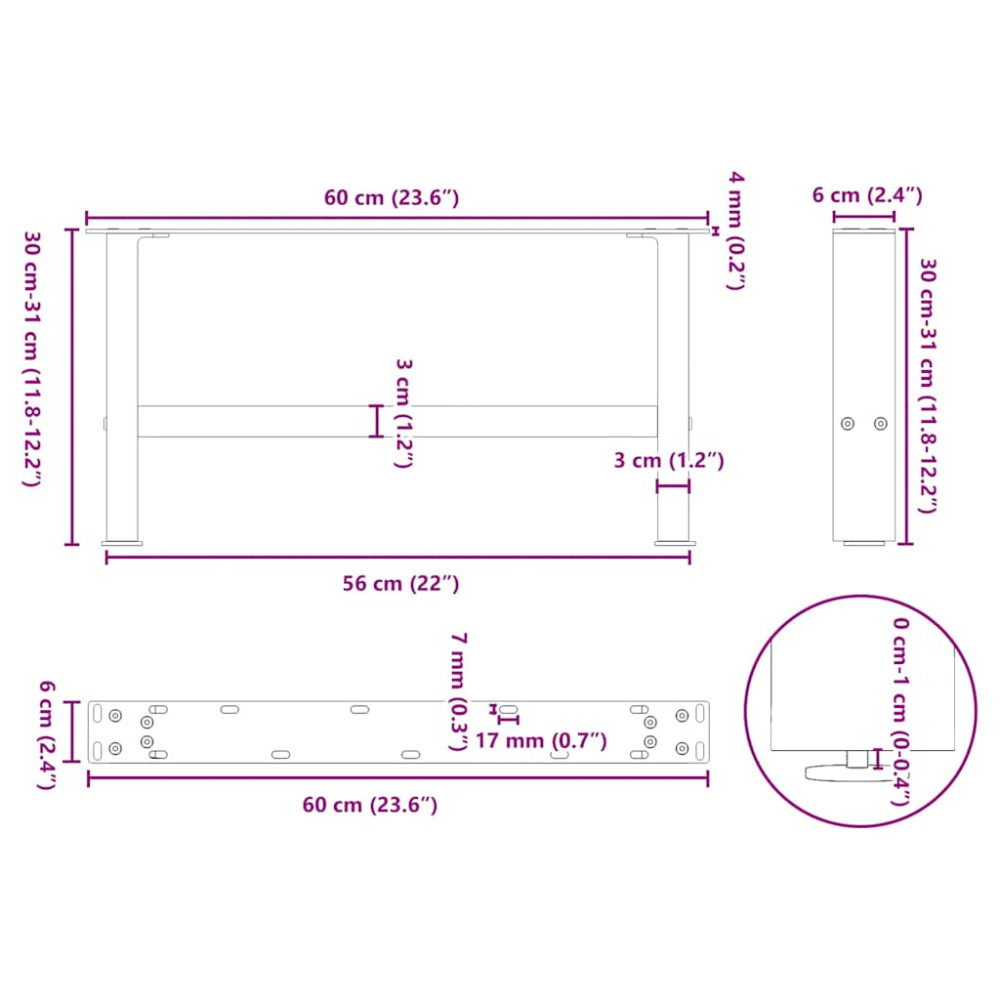 Produktbild för Soffbordsben naturstål 2 st 60x(30-31) cm stål