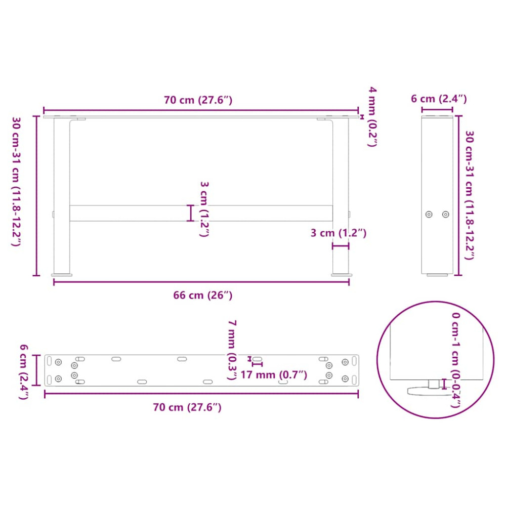Produktbild för Soffbordsben naturstål 2 st 70x(30-31) cm stål