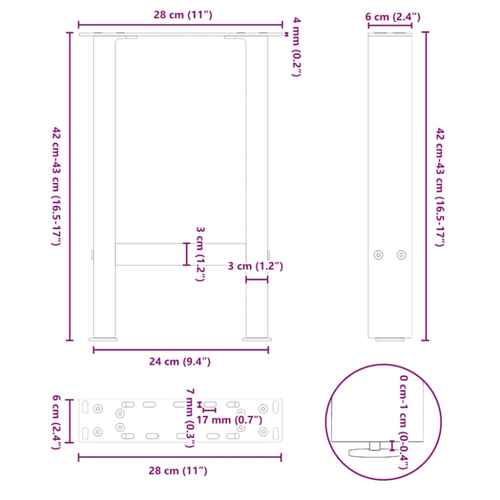 Produktbild för Soffbordsben naturstål 2 st 28x(42-43) cm stål