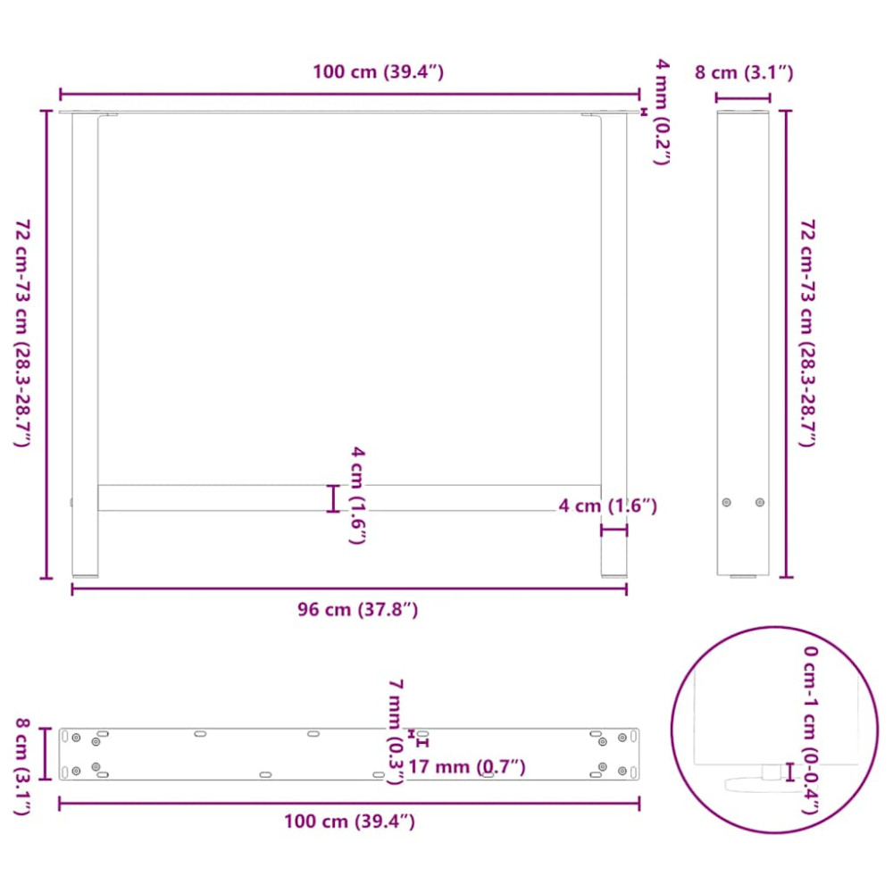 Produktbild för Matbordsben naturstål 2 st 100x(72-73) cm stål