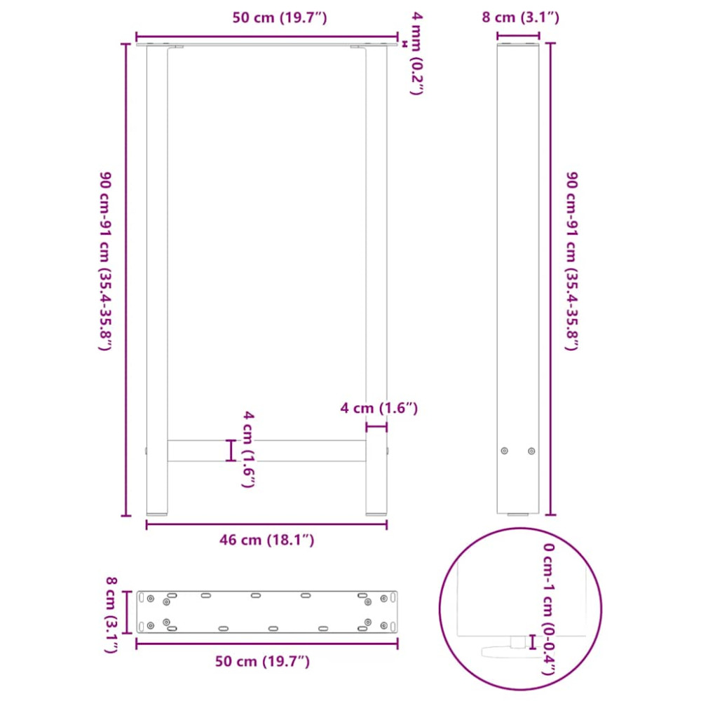 Produktbild för Barbordsben naturstål 2 st 50x(90-91) cm stål