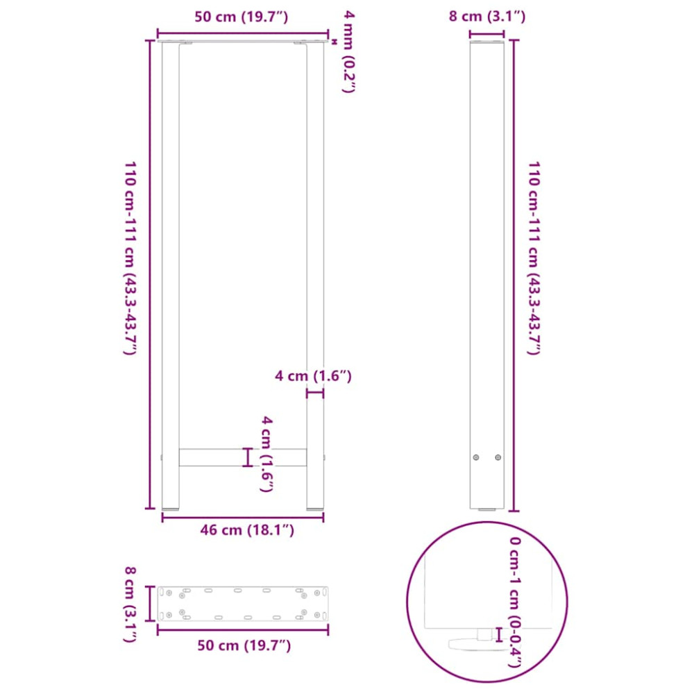 Produktbild för Barbordsben naturstål 2 st 50x(110-111) cm stål