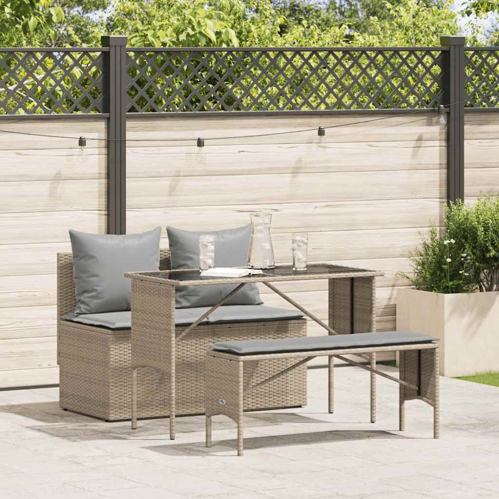 Produktbild för Matgrupp för trädgården 3 delar med dynor beige konstrotting