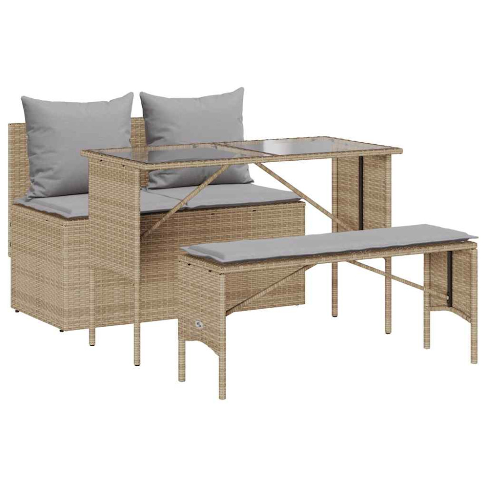 Produktbild för Matgrupp för trädgården 3 delar med dynor beige konstrotting