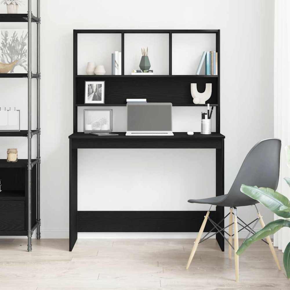 Produktbild för Skrivbord med hyllor svart ek 102x45x148 cm konstruerat trä