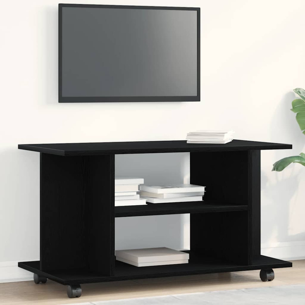 Produktbild för TV-bänk med hjul svart ek 80x40x45 cm konstruerat trä
