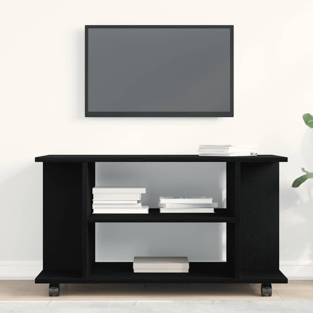 Produktbild för TV-bänk med hjul svart ek 80x40x45 cm konstruerat trä