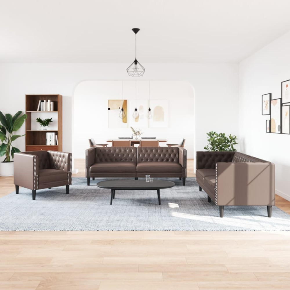 Produktbild för Soffgrupp chesterfield 3 delar brun konstläder