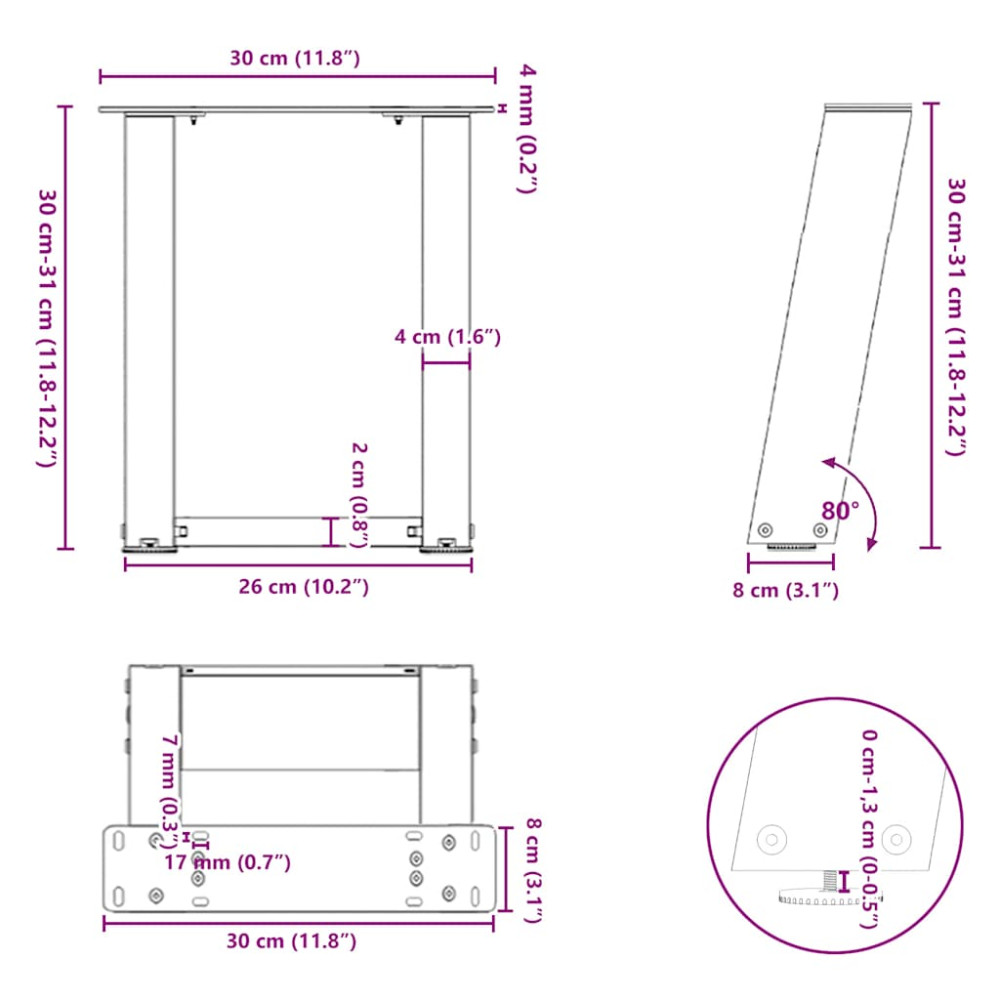 Produktbild för Soffbordsben U-formade 2 st naturstål 30x(30-31) cm stål