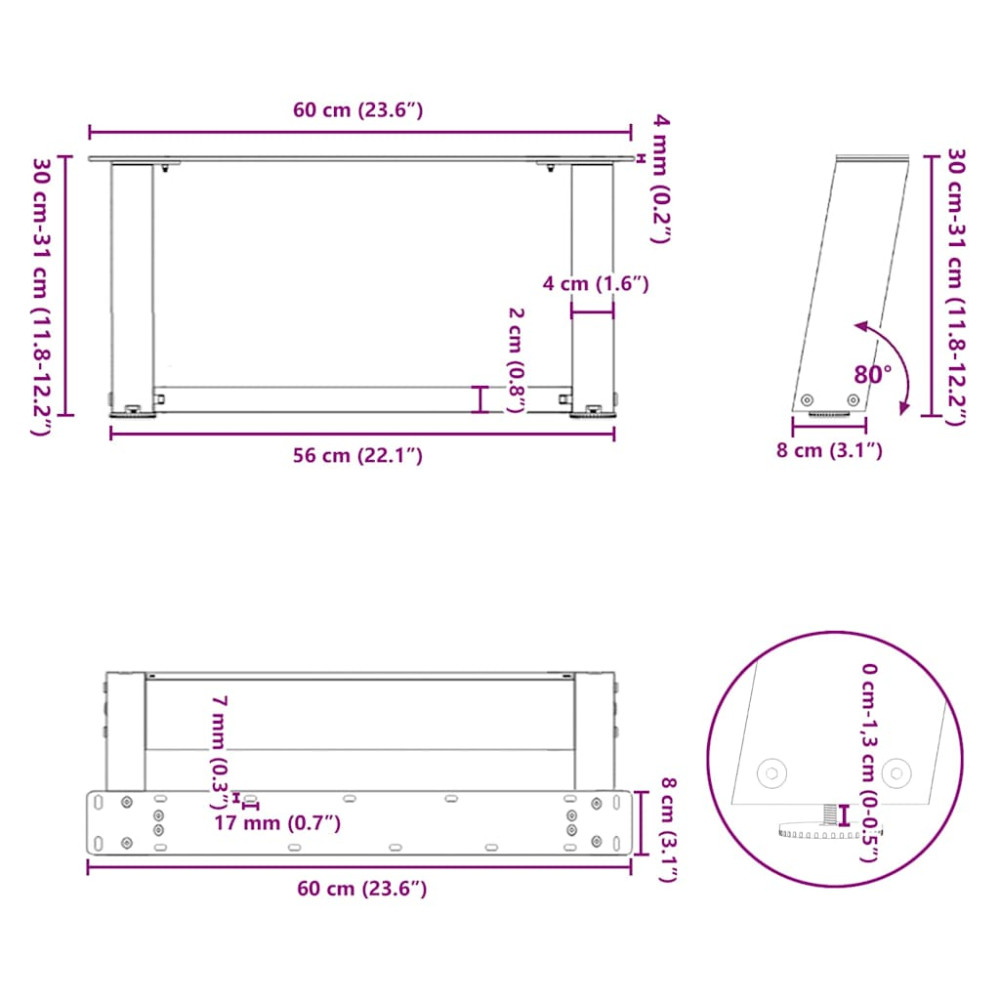 Produktbild för Soffbordsben U-formade 2 st naturstål 60x(30-31) cm stål