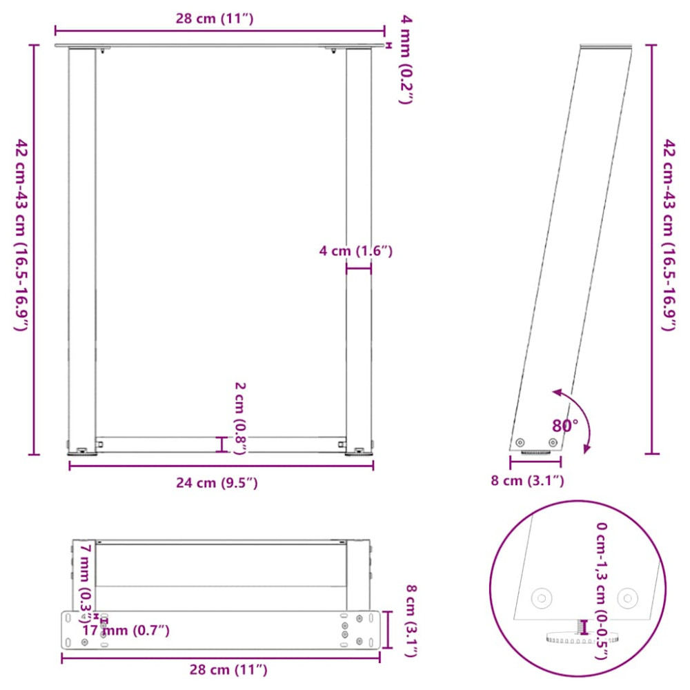 Produktbild för Soffbordsben U-formade 2 st naturstål 28x(42-43) cm stål