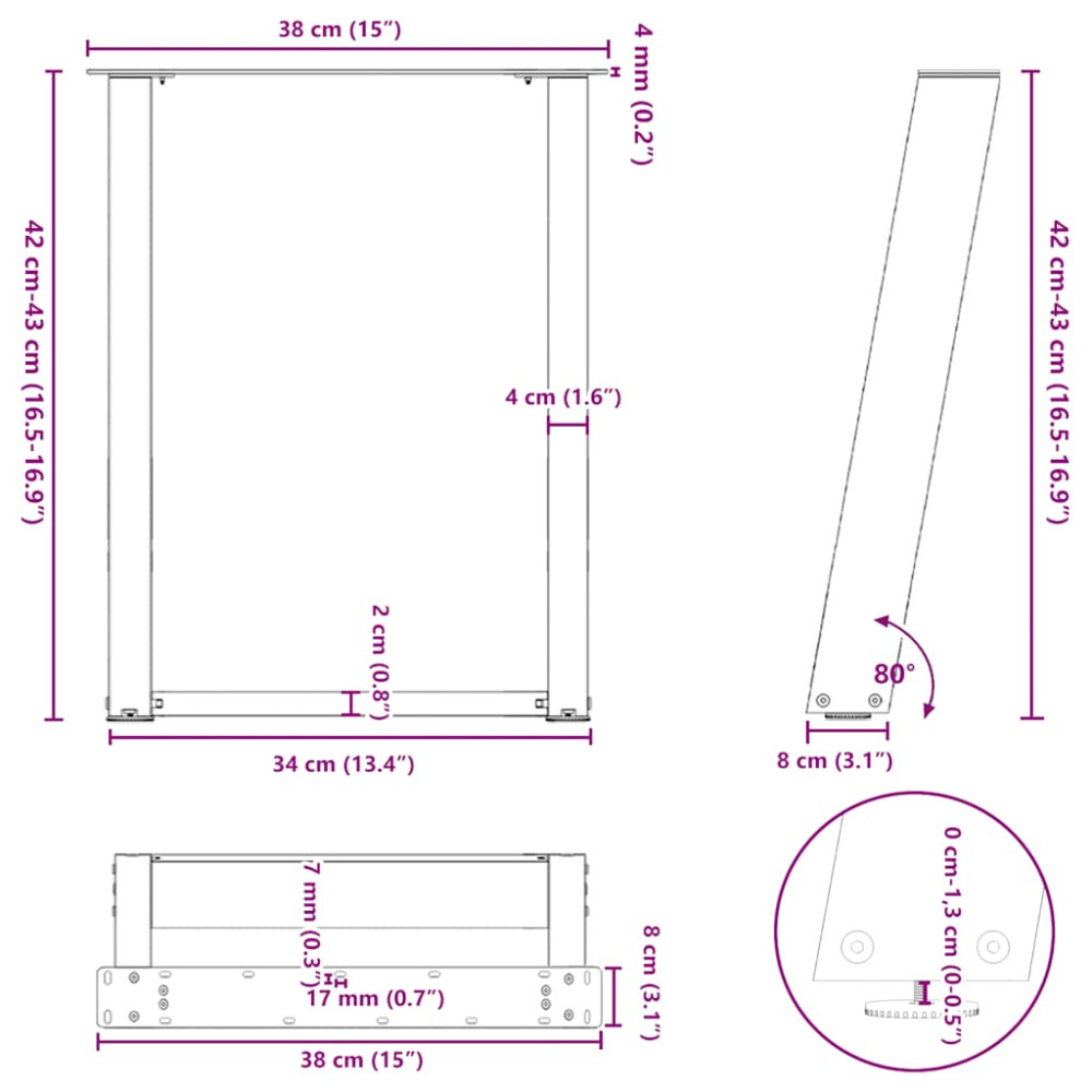 Produktbild för Soffbordsben U-formade 2 st naturstål 38x(42-43) cm stål