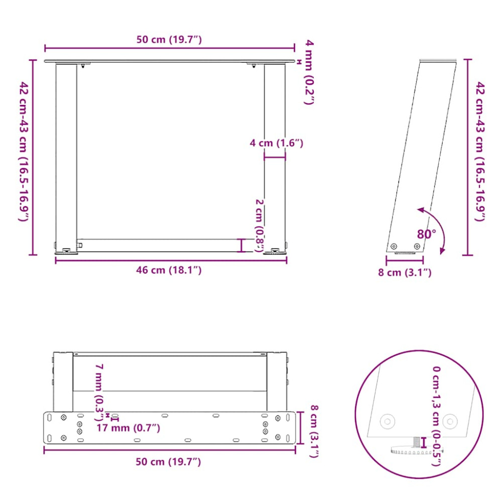 Produktbild för Soffbordsben U-formade 2 st naturstål 50x(42-43) cm stål