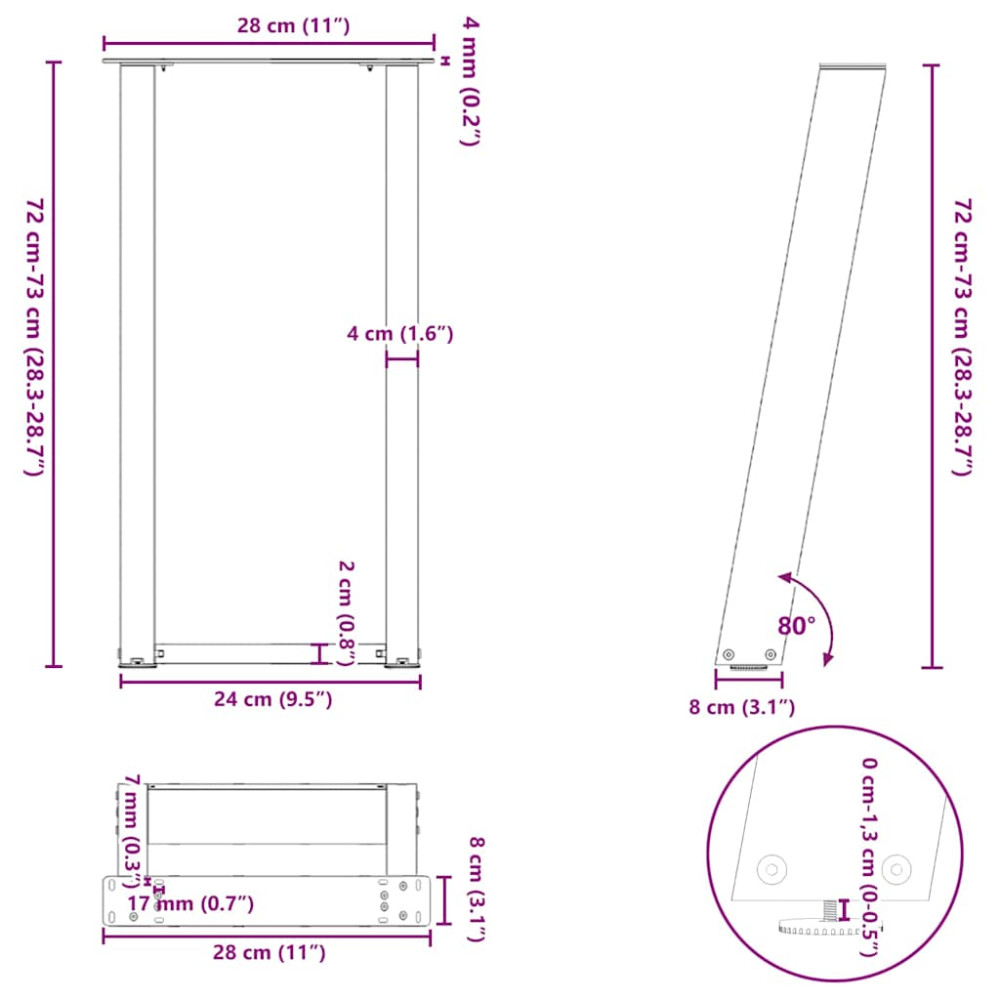 Produktbild för Konsolbordsben U-formade 2 st naturstål 28x(72-73) cm stål