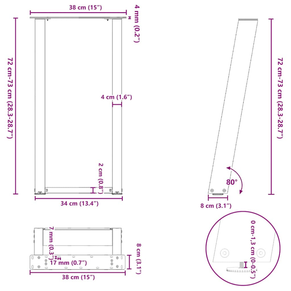 Produktbild för Konsolbordsben U-formade 2 st naturstål 38x(72-73) cm stål