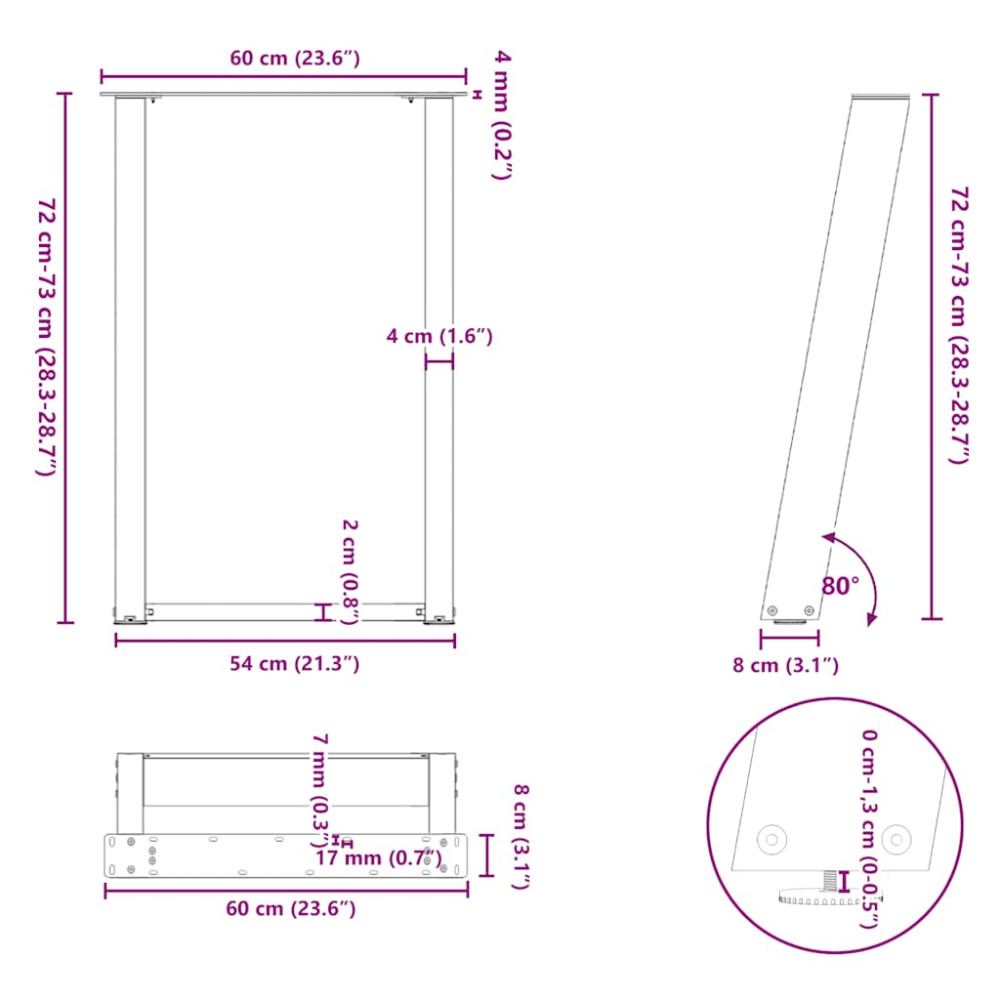 Produktbild för Matbordsben U-formade 2 st naturstål 60x(72-73) cm stål