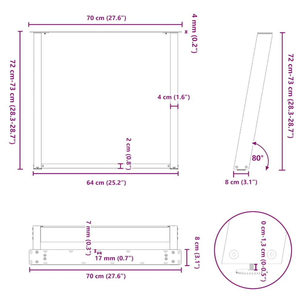Produktbild för Matbordsben U-formade 2 st naturstål 70x(72-73) cm stål