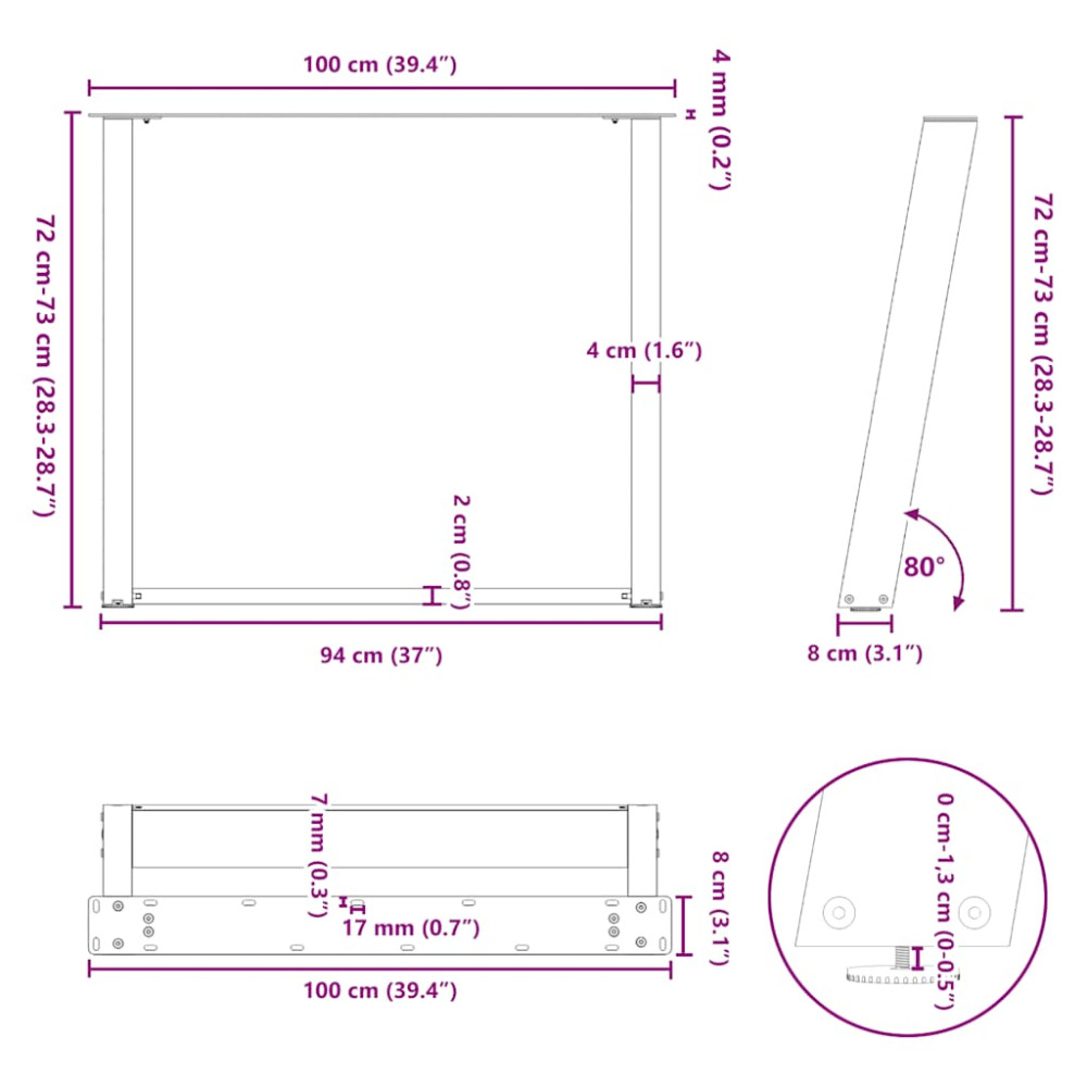 Produktbild för Matbordsben U-formade 2 st naturstål 100x(72-73) cm stål