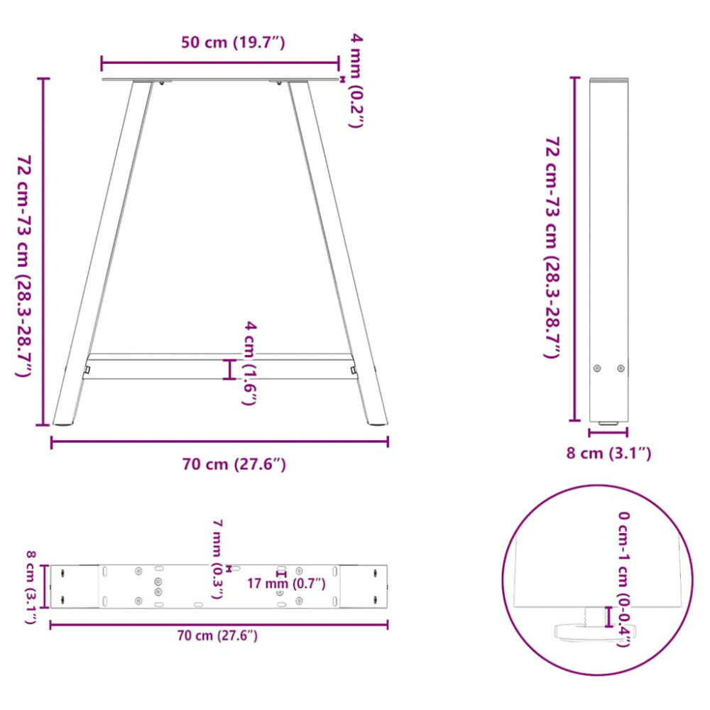 Produktbild för Matbordsben A-formade 2 st 70x(72-73) cm stål
