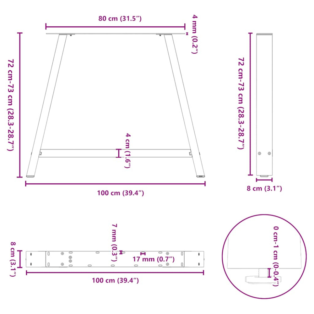 Produktbild för Matbordsben A-formade 2 st 100x(72-73) cm stål