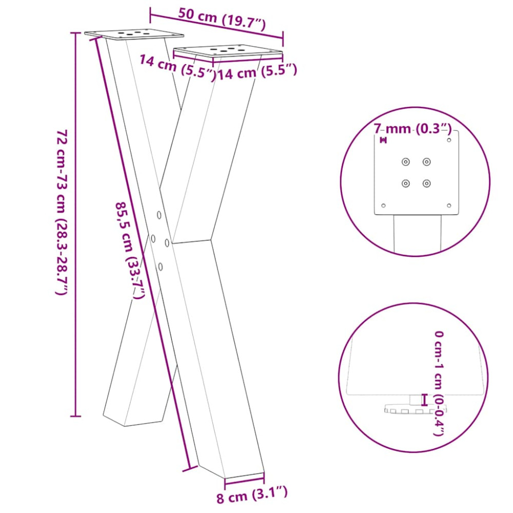 Produktbild för Matbordsben X-formade 2 st naturstål 50x(72-73) cm stål