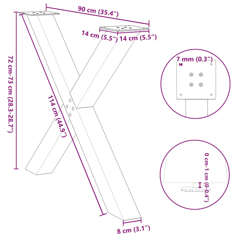 Produktbild för Matbordsben X-formade 3 st naturstål 90x(72-73) cm stål