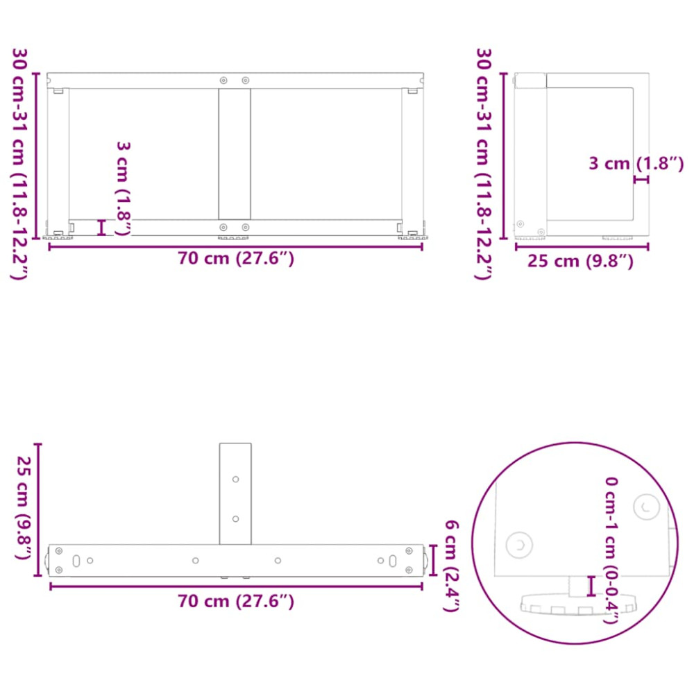 Produktbild för Soffbordsben T-formade 2 st svarta 70x25x(30-31) cm stål