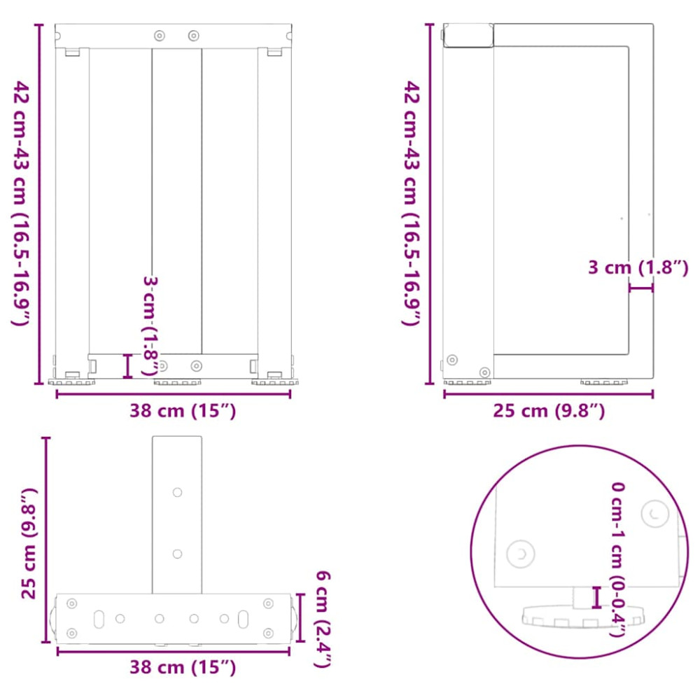 Produktbild för Soffbordsben T-formade 2 st svarta 38x25x(42-43) cm stål