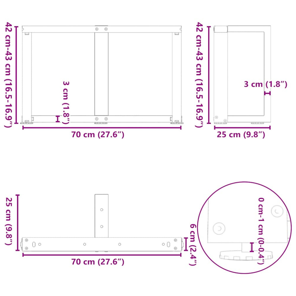 Produktbild för Soffbordsben T-formade 2 st svarta 70x25x(42-43) cm stål