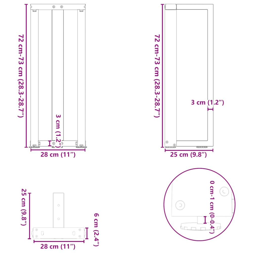 Produktbild för Konsolbordsben T-formade 2 st svarta 25x28x(72-73) cm stål