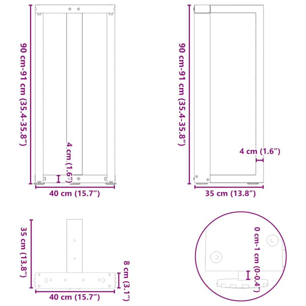 Produktbild för Barbordsben T-formade 2 st svarta 40x35x(90-91) cm stål