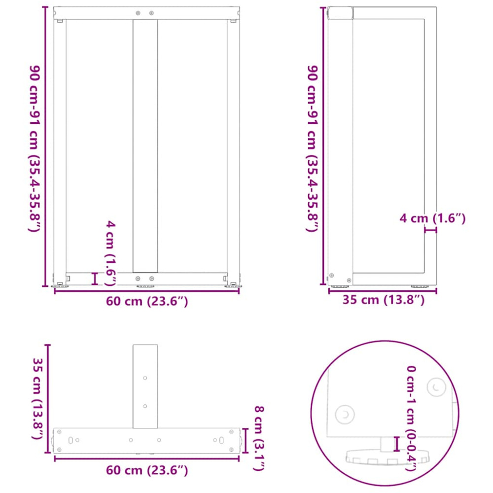 Produktbild för Barbordsben T-formade 2 st svarta 60x35x(90-91) cm stål