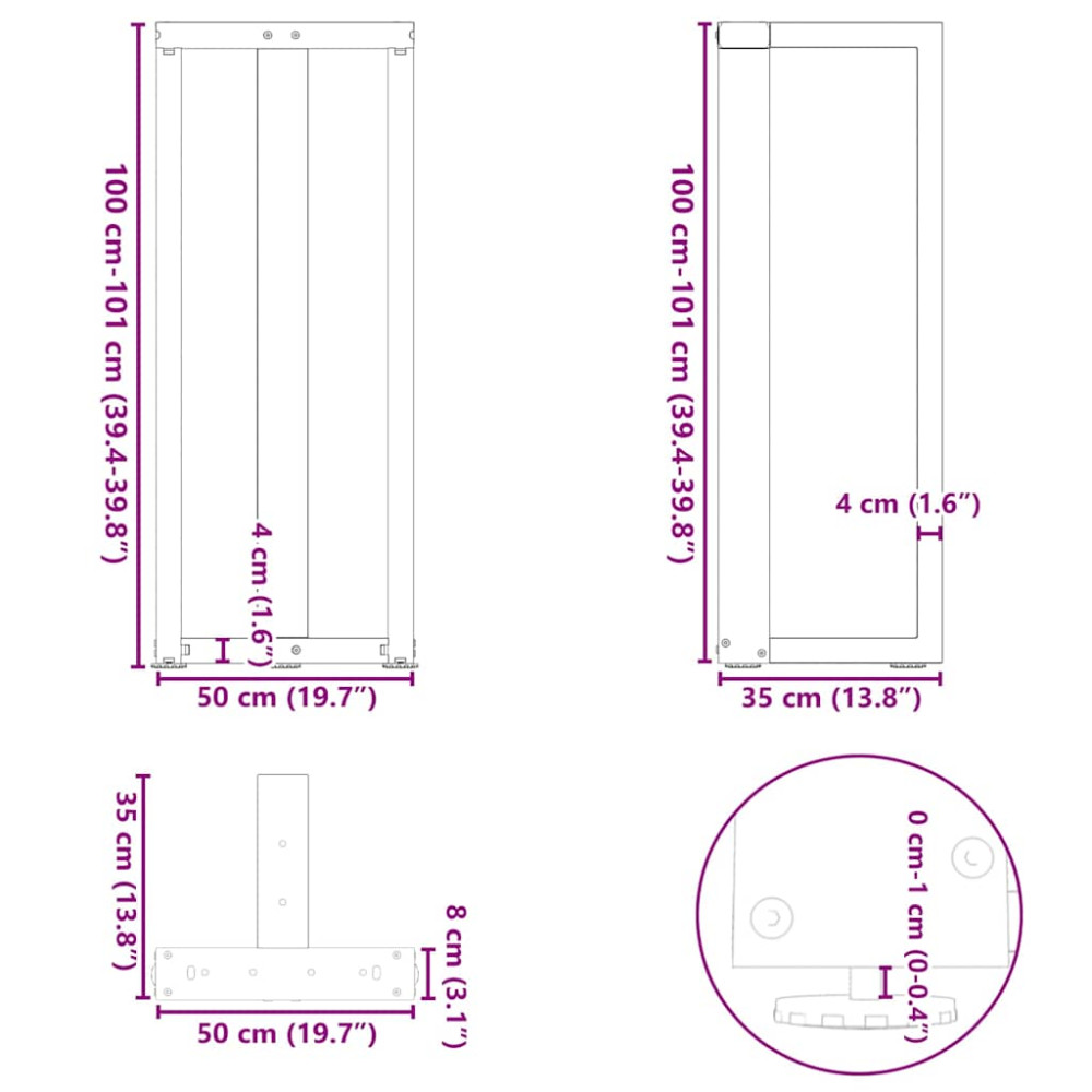 Produktbild för Barbordsben T-formade 2 st svarta 50x35x(100-101) cm stål