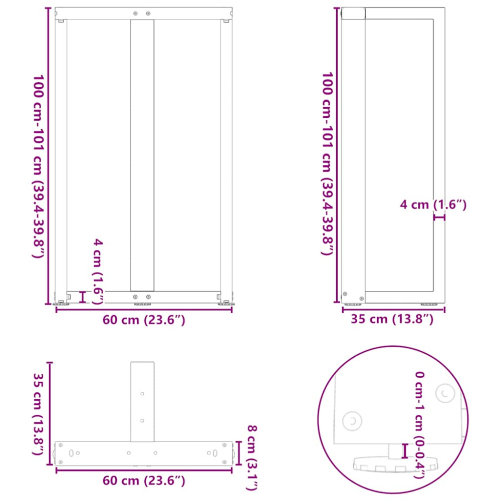Produktbild för Barbordsben T-formade 2 st svarta 60x35x(100-101) cm stål