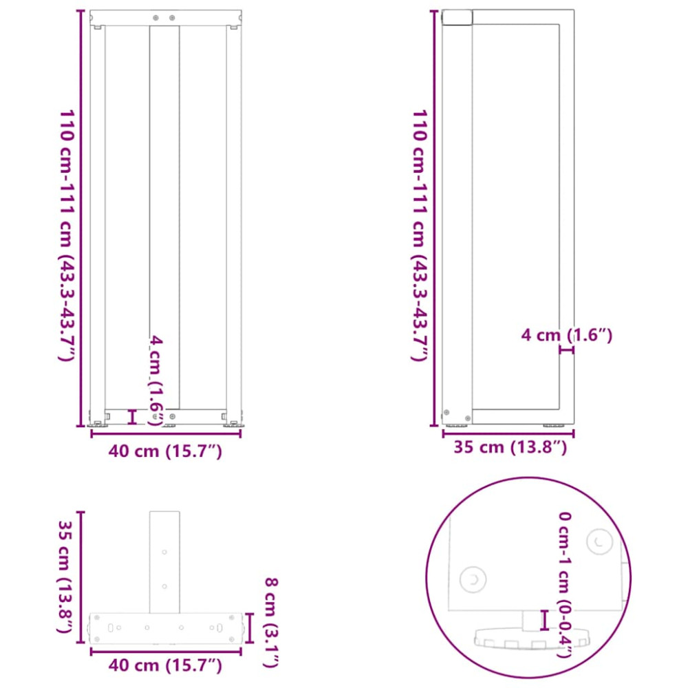 Produktbild för Barbordsben T-formade 2 st svarta 40x35x(110-111) cm stål