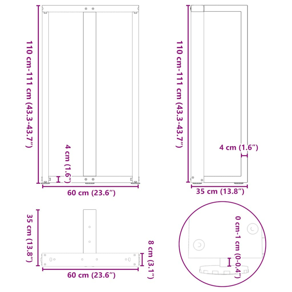 Produktbild för Barbordsben T-formade 2 st svarta 60x35x(110-111) cm stål