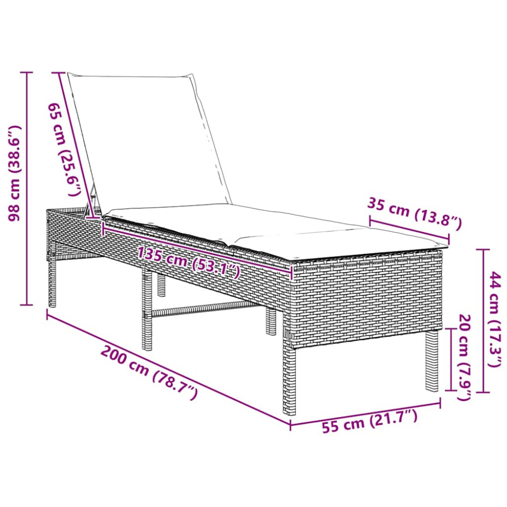 Produktbild för Solstol med dyna svart 55x200x44cm konstrotting