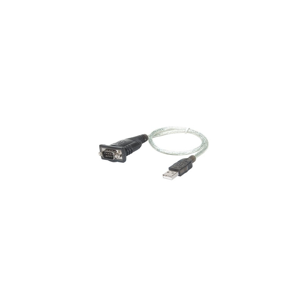 Produktbild för Manhattan USB-A to Serial Converter cable, 45cm, Male to Male, Serial/RS232/COM/DB9, Prolific PL-2303RA Chip, Black/Silver cable, Three Year Warranty, Blister - USB / seriell kabel - USB till DB-9 - 45 cm
