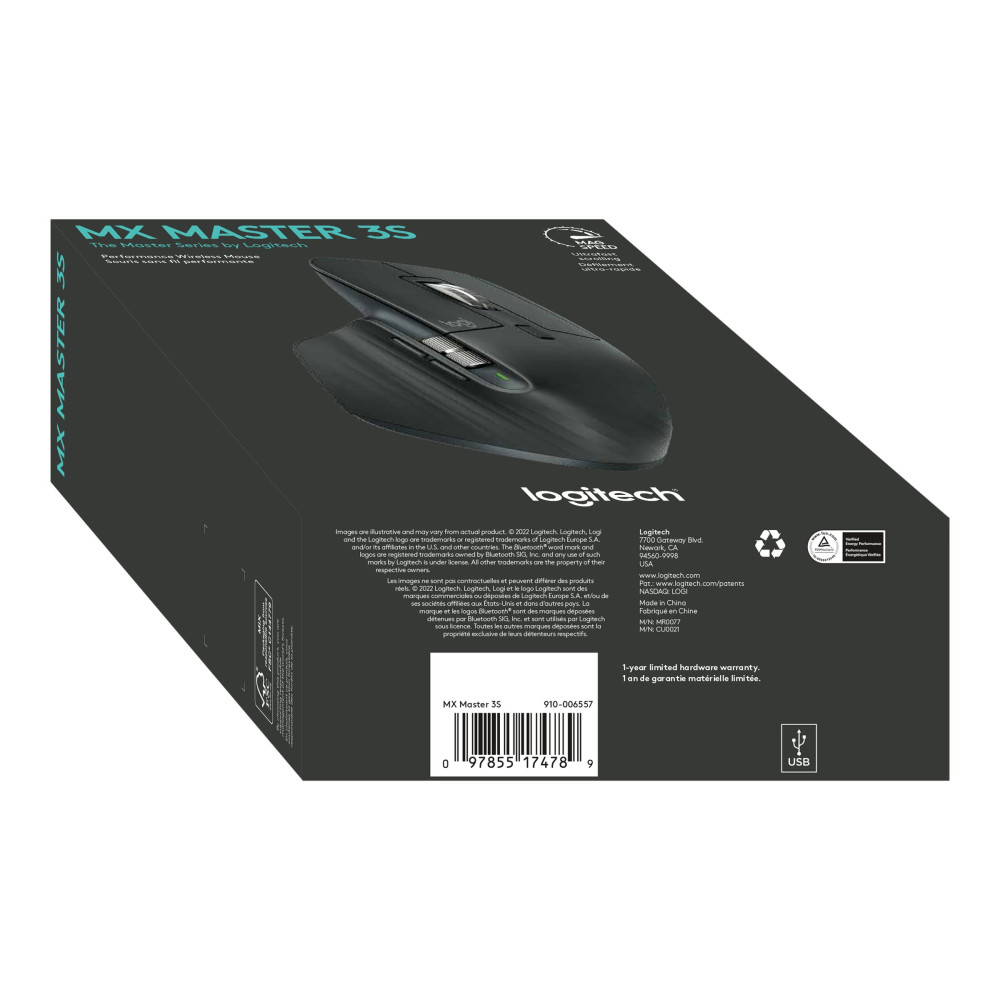 Produktbild för Logitech Master Series MX Master 3S - mus - 2.4 GHz, Bluetooth - grafit