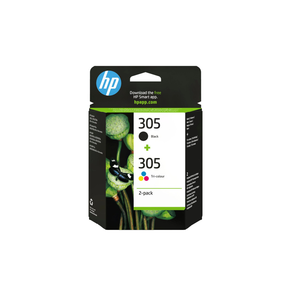 Produktbild för HP 305 - 2-pack - svart, färg (cyan, magenta, gul) - original - bläckpatron