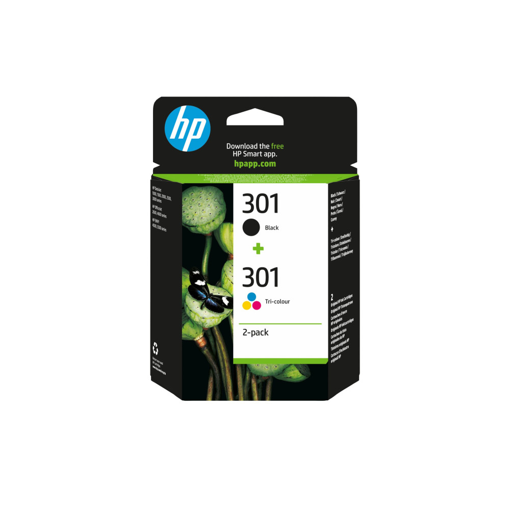Produktbild för HP 301 - 2-pack - svart, färg (cyan, magenta, gul) - original - bläckpatron