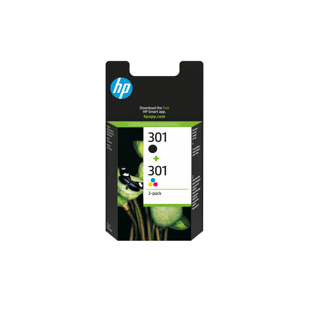 Produktbild för HP 301 - 2-pack - svart, färg (cyan, magenta, gul) - original - bläckpatron