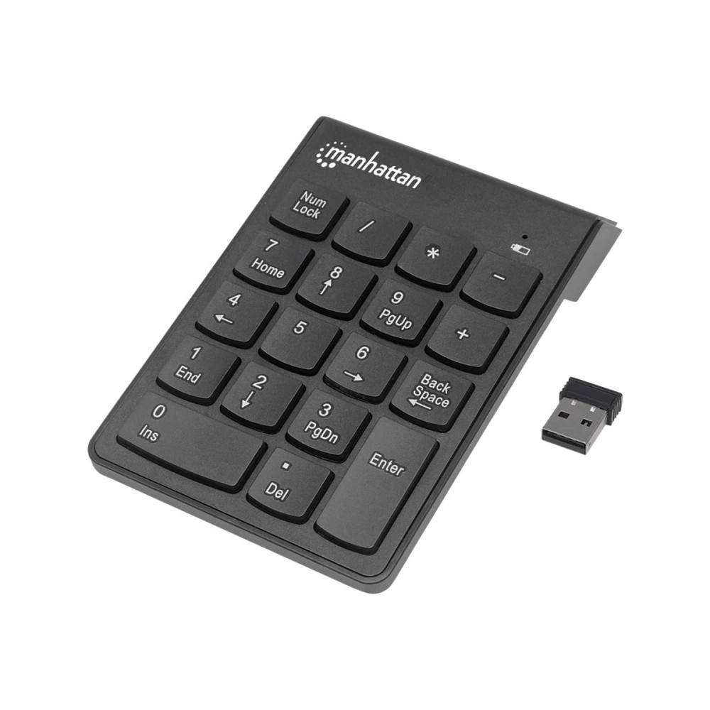 Produktbild för Manhattan Numeric Keypad, Wireless (2.4GHz), USB-A Micro Receiver, 18 Full Size Keys, Black, Membrane Key Switches, Auto Power Management, Range 10m, AAA Battery (included), Windows and Mac, Three Year Warranty, Blister - tangentsats - svart Inmatningsenh