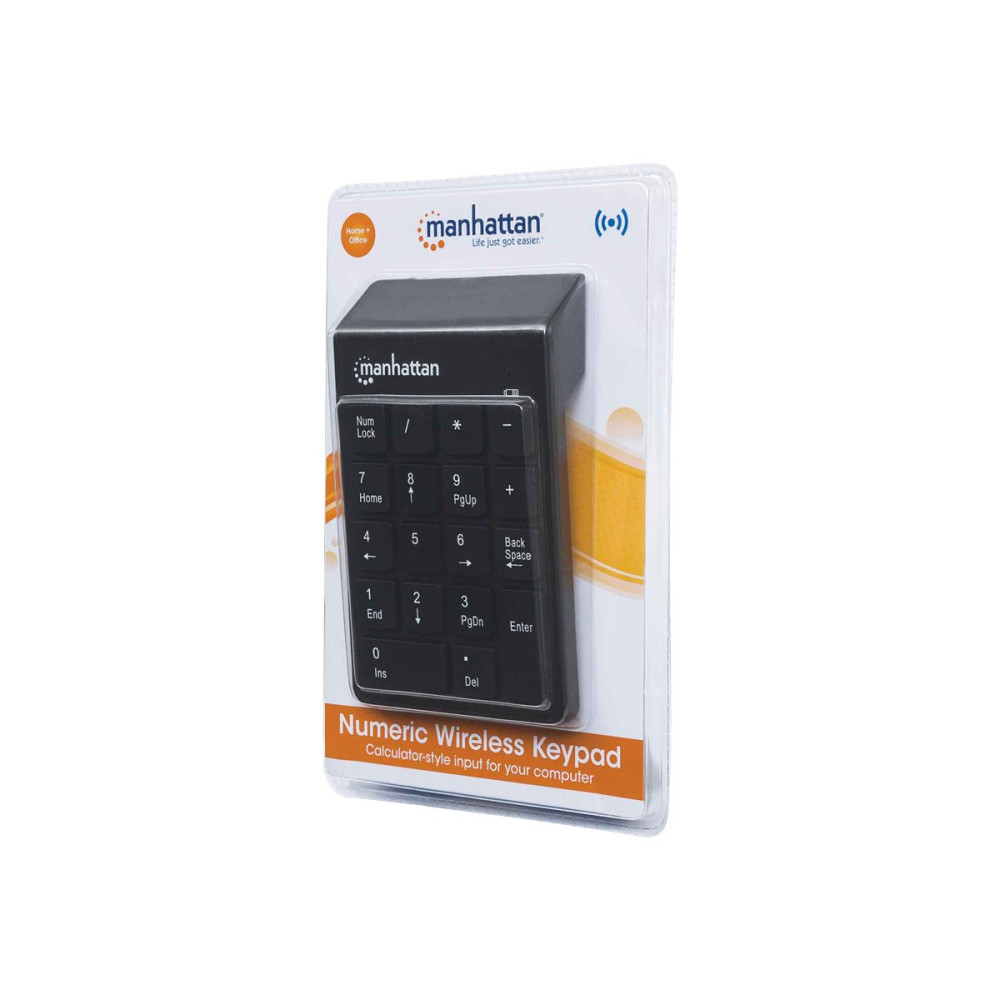 Produktbild för Manhattan Numeric Keypad, Wireless (2.4GHz), USB-A Micro Receiver, 18 Full Size Keys, Black, Membrane Key Switches, Auto Power Management, Range 10m, AAA Battery (included), Windows and Mac, Three Year Warranty, Blister - tangentsats - svart Inmatningsenh