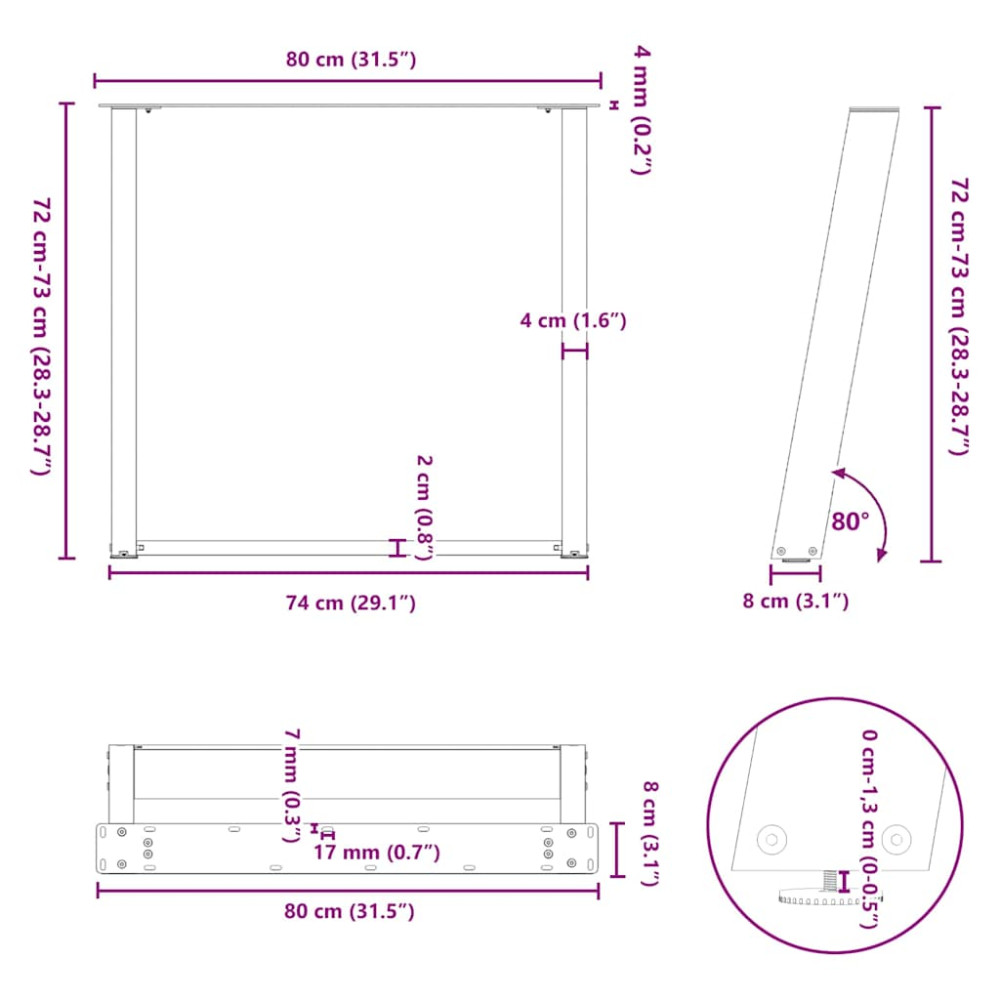 Produktbild för Matbordsben U-formade 2 st naturstål 80x(72-73) cm stål